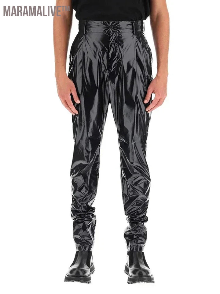 Men's Punk Faux Latex Pants Shiny Patent Leather Pleated Harlan Pants Male High Waist Stretch PU Trousers New Streetwear Custom