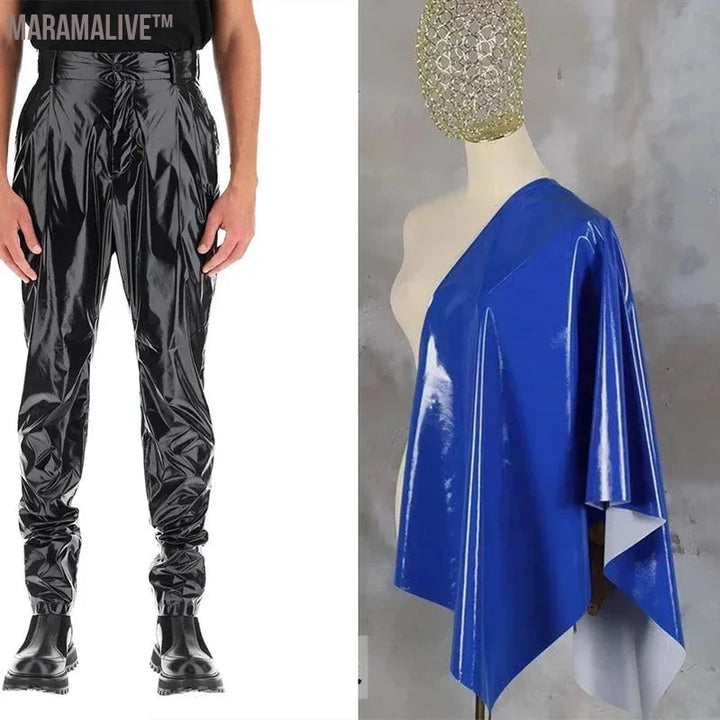 Men's Punk Faux Latex Pants Shiny Patent Leather Pleated Harlan Pants Male High Waist Stretch PU Trousers New Streetwear Custom