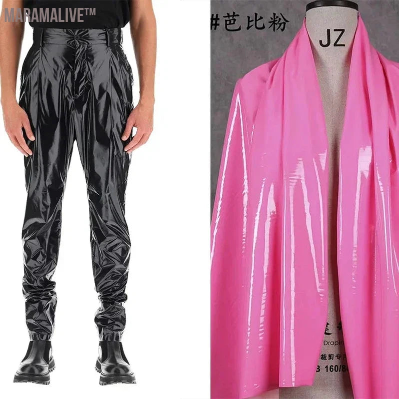 Men's Punk Faux Latex Pants Shiny Patent Leather Pleated Harlan Pants Male High Waist Stretch PU Trousers New Streetwear Custom