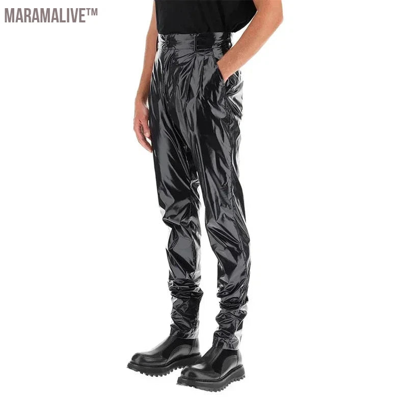 Men's Punk Faux Latex Pants Shiny Patent Leather Pleated Harlan Pants Male High Waist Stretch PU Trousers New Streetwear Custom