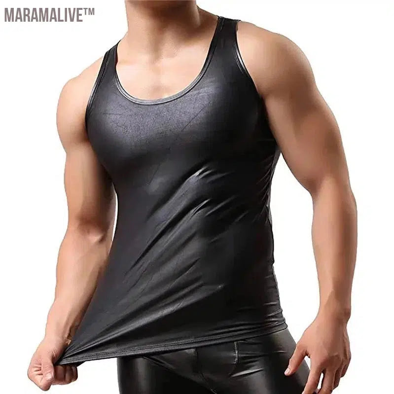 Mens Sexy PU Leather Tank Tops Sleeveless Erotic Shaping Sheath Stretch Shirts Soft Latex Bodycon Patent Leather T-shirts Sexi