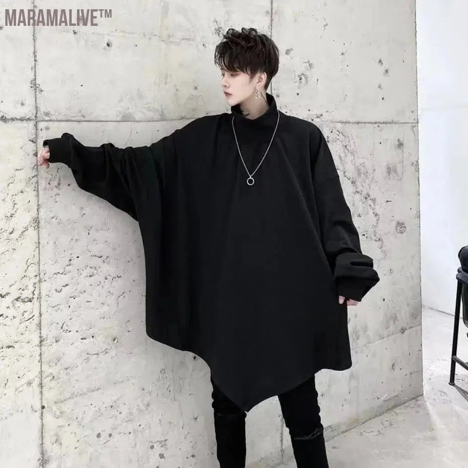 Men's Sweater Autumn 2023 Dark Bat Sleeve Rib Mock Neck Pointed Hem Loose Pullover Tops Male Korean Long Sleeve Sweaters