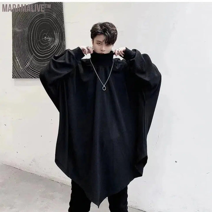 Men's Sweater Autumn 2023 Dark Bat Sleeve Rib Mock Neck Pointed Hem Loose Pullover Tops Male Korean Long Sleeve Sweaters