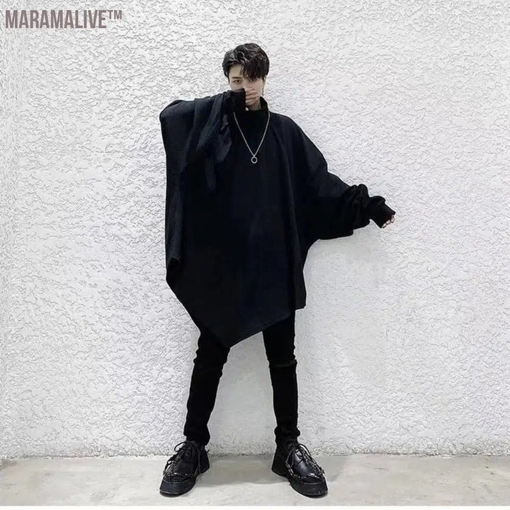 Men's Sweater Autumn 2023 Dark Bat Sleeve Rib Mock Neck Pointed Hem Loose Pullover Tops Male Korean Long Sleeve Sweaters