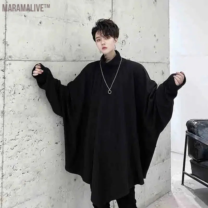 Men's Sweater Autumn 2023 Dark Bat Sleeve Rib Mock Neck Pointed Hem Loose Pullover Tops Male Korean Long Sleeve Sweaters