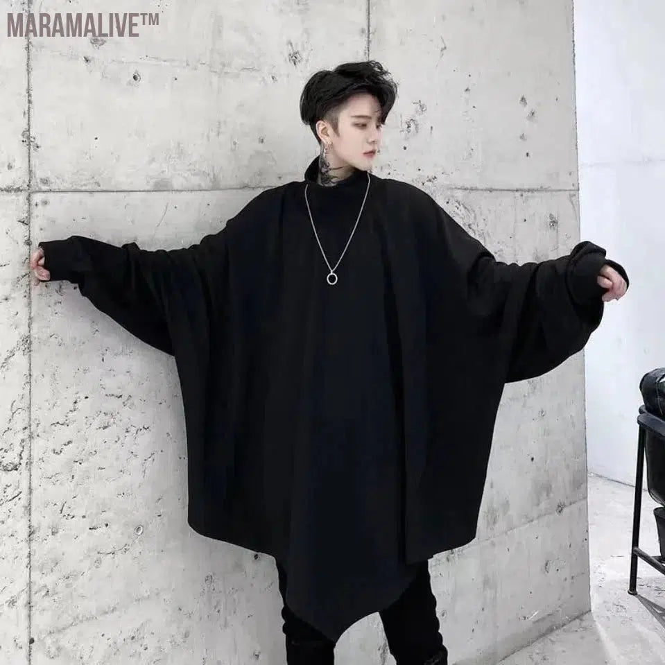 Men's Sweater Autumn 2023 Dark Bat Sleeve Rib Mock Neck Pointed Hem Loose Pullover Tops Male Korean Long Sleeve Sweaters