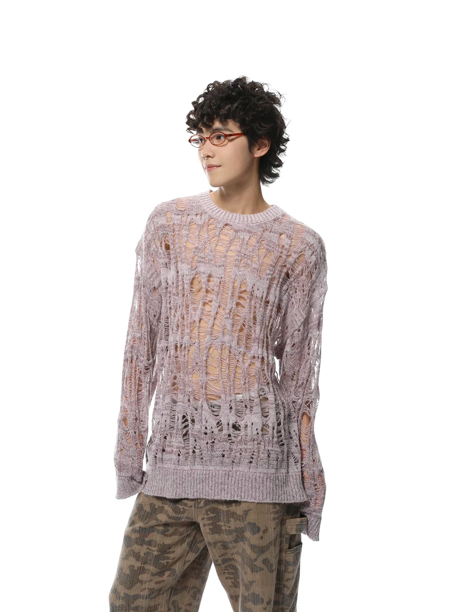 Men's Vintage Slouchy Sweater with Hollow Out Design - Lightweight Long Sleeve Summer Knitting, Streetwear Fashion