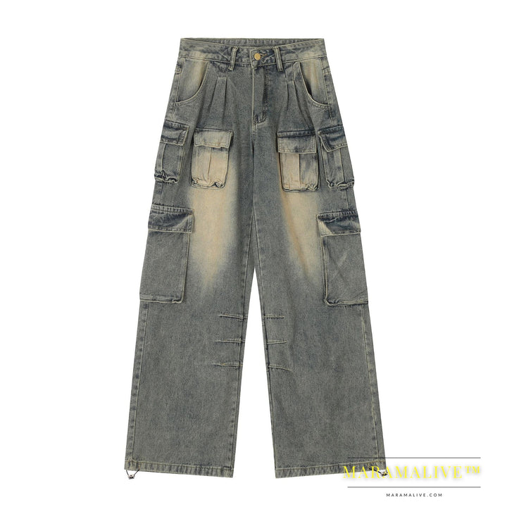 Men's Washed Worn Jeans Mid Waist