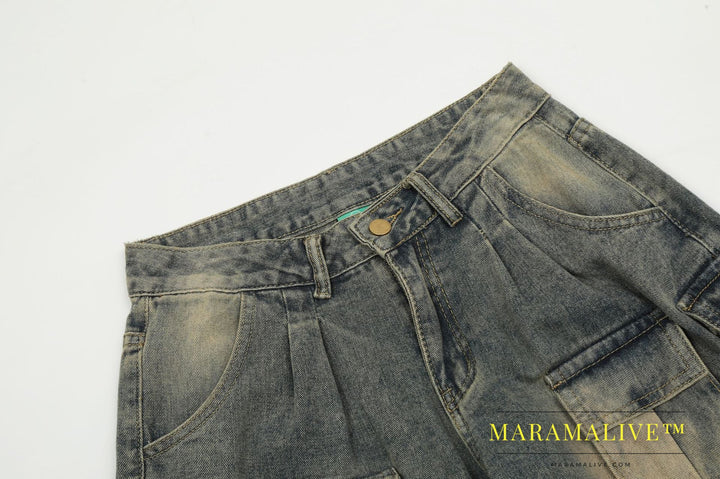 Men's Washed Worn Jeans Mid Waist