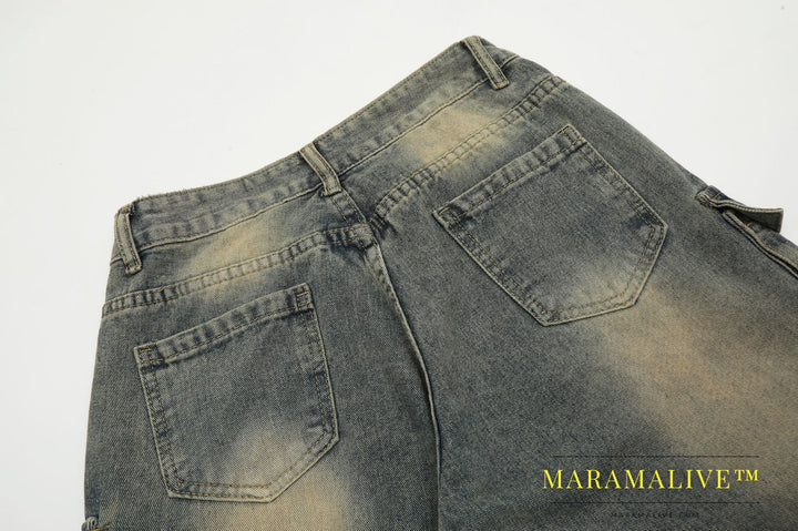 Men's Washed Worn Jeans Mid Waist