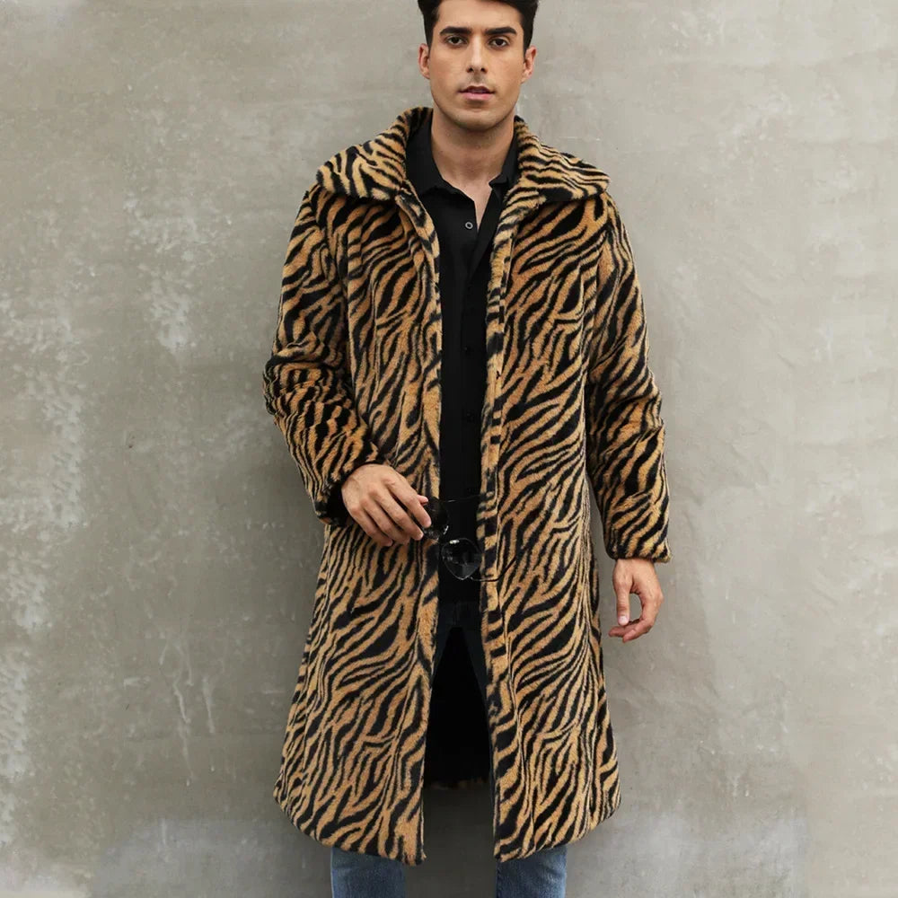 Men's Zebra-Stripe Faux Fox Fur Winter Jacket – Luxurious Thick & Warm Shaggy Goth-Inspired Outerwear