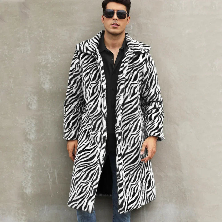 Men's Zebra-Stripe Faux Fox Fur Winter Jacket – Luxurious Thick & Warm Shaggy Goth-Inspired Outerwear