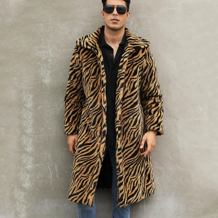 Men's Zebra-Stripe Faux Fox Fur Winter Jacket – Luxurious Thick & Warm Shaggy Goth-Inspired Outerwear