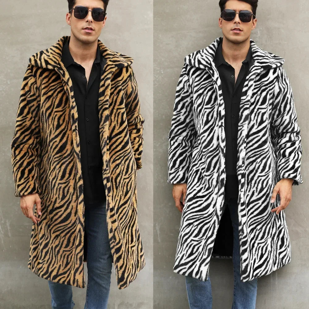 Men's Zebra-Stripe Faux Fox Fur Winter Jacket – Luxurious Thick & Warm Shaggy Goth-Inspired Outerwear