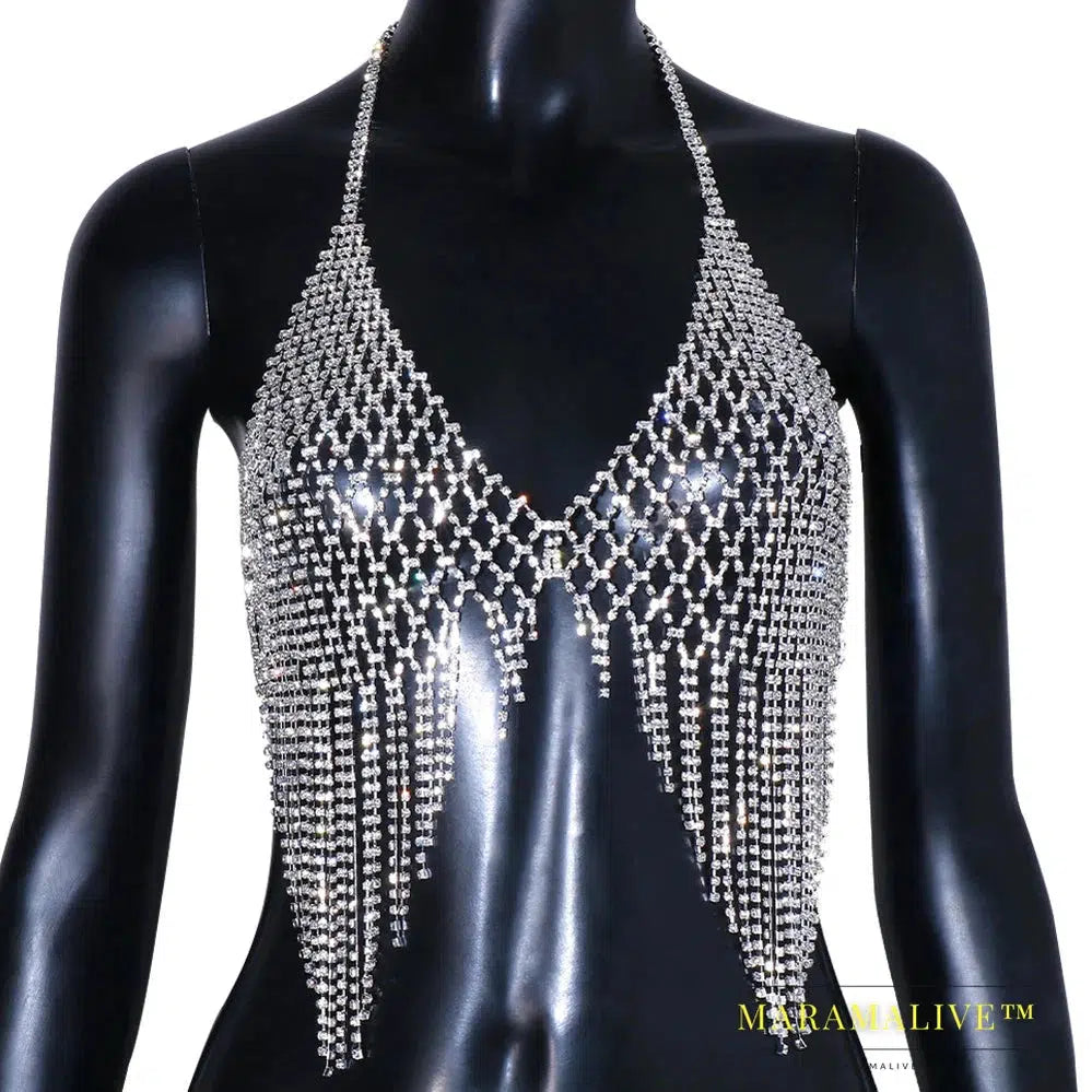 Mesh Harness Rhinestone Tassel Bra Chain Nightclub Clothing Hollow Festival Tops Crystal Sexy Body Jewelry for Women