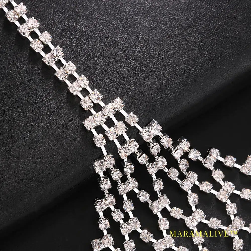 Mesh Harness Rhinestone Tassel Bra Chain Nightclub Clothing Hollow Festival Tops Crystal Sexy Body Jewelry for Women