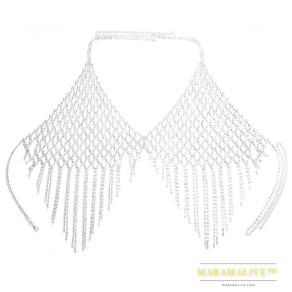 Mesh Harness Rhinestone Tassel Bra Chain Nightclub Clothing Hollow Festival Tops Crystal Sexy Body Jewelry for Women