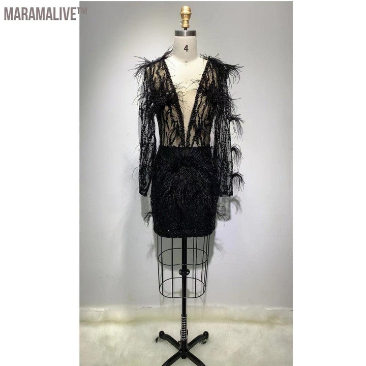 Mesh Long-sleeved Sequin Feather Casual Dress