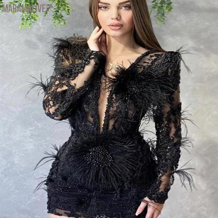 Mesh Long-sleeved Sequin Feather Casual Dress