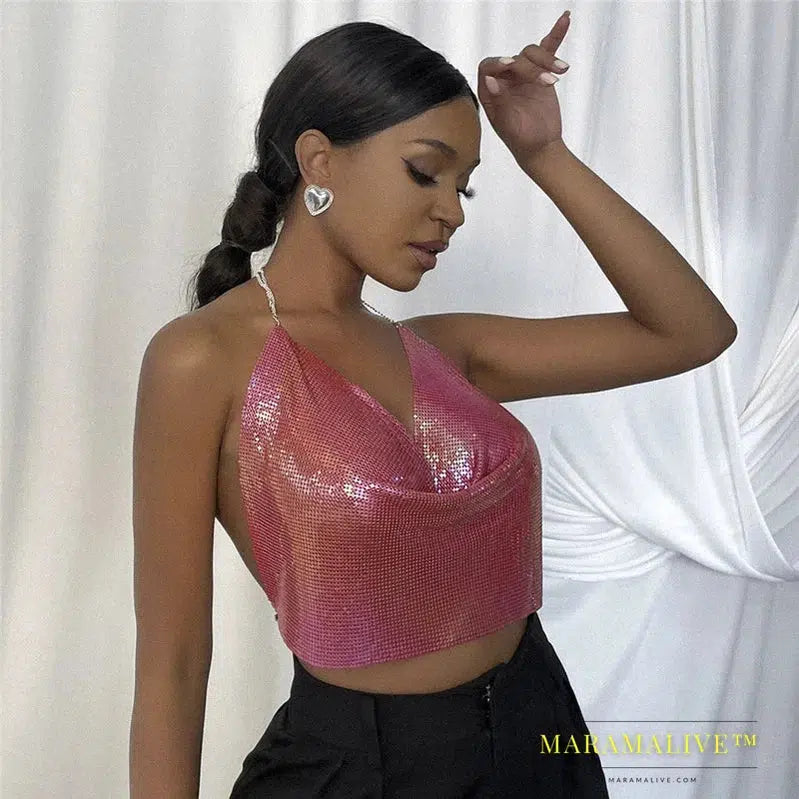 Mesh Metal Women Top Sexy Backless Halter Women Crop Top Night Club party Festival Wear Tank Top Beach Wear V Neck