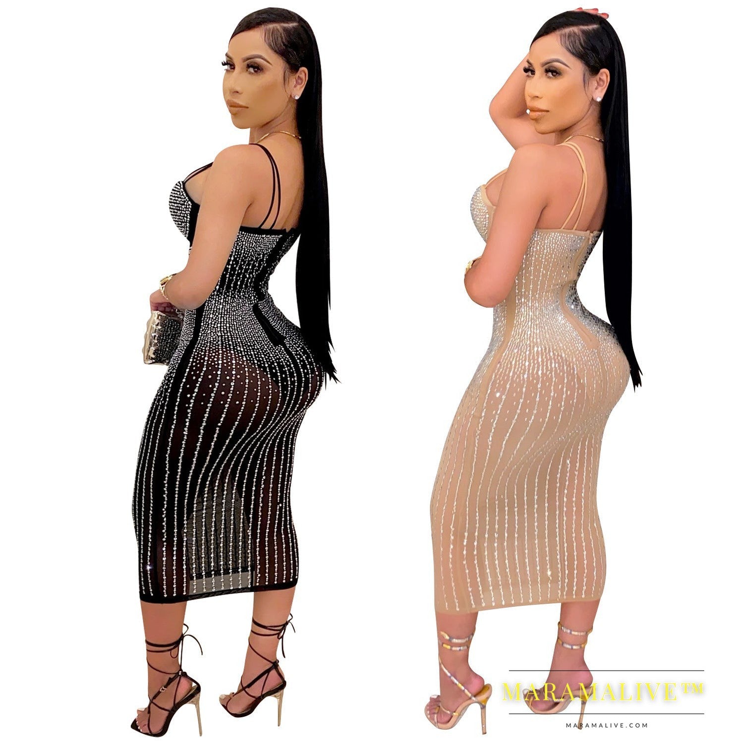 Mesh See-through Rhinestone-studded Sling Dress