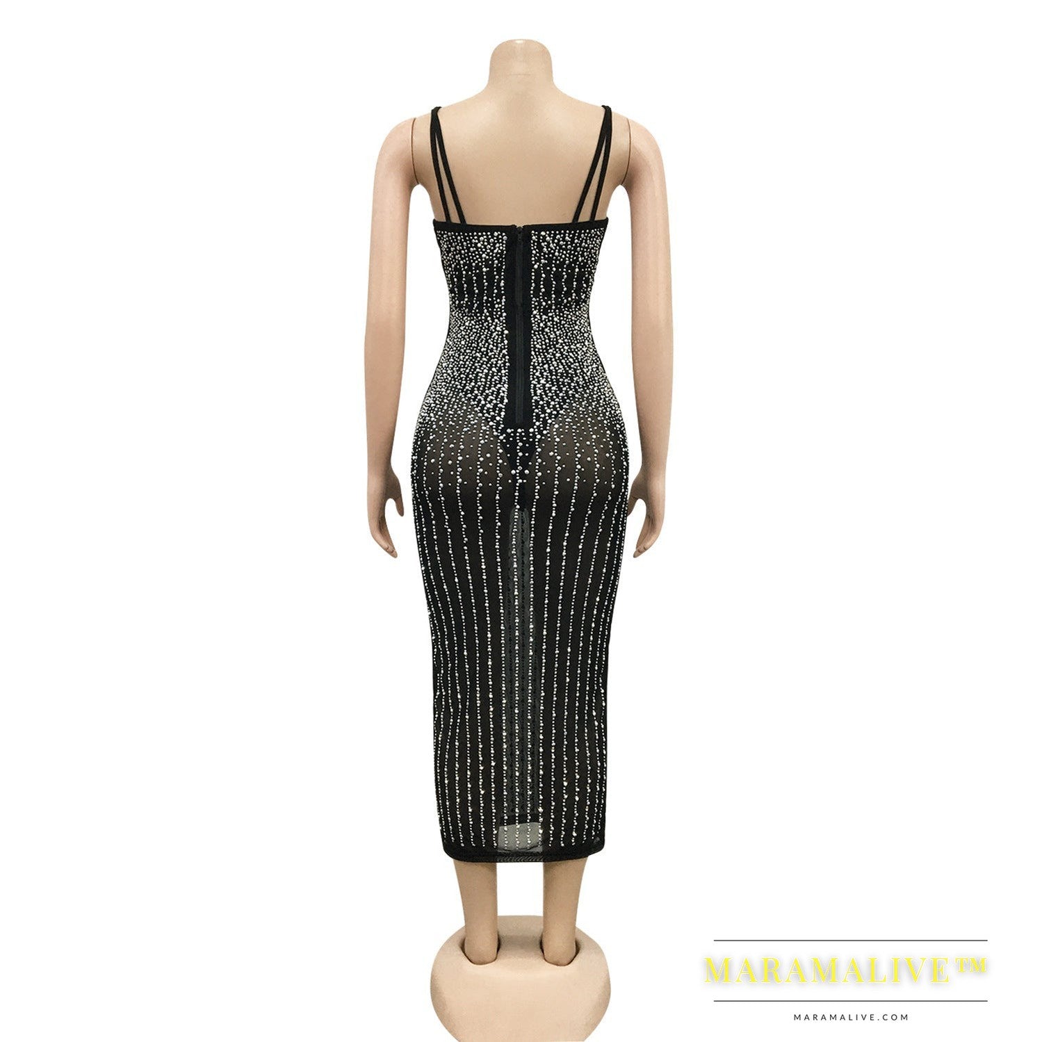 Mesh See-through Rhinestone-studded Sling Dress