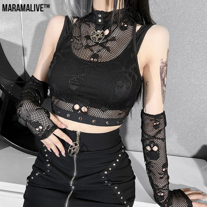 Mesh Sleeve Lace Sheer Gothic Tank Top Two Piece