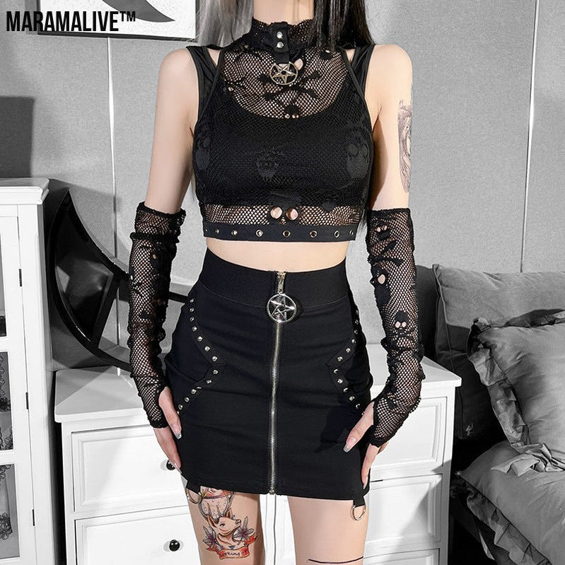 Mesh Sleeve Lace Sheer Gothic Tank Top Two Piece