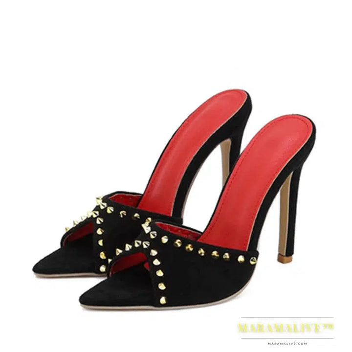 Metallic Studded High Heel Pointy Toe Dressy Slip-On Shoes