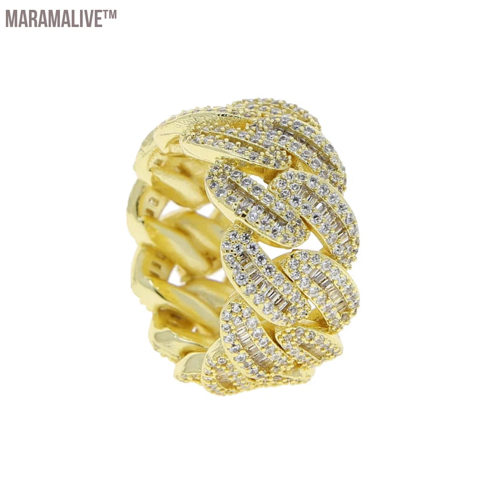 Miami Cuban Link Chain Men's Ring Gold Plated Bling Iced Out Full Cubic Zircon Hip Hop Fashion CZ Rock Jewelry