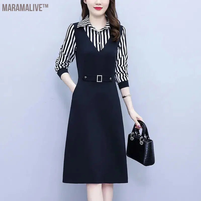 Mid Length Striped Patchwork for Autumn and Winter Women's POLO Collar Button Pocket with Waist Closure Long Sleeved Dresses