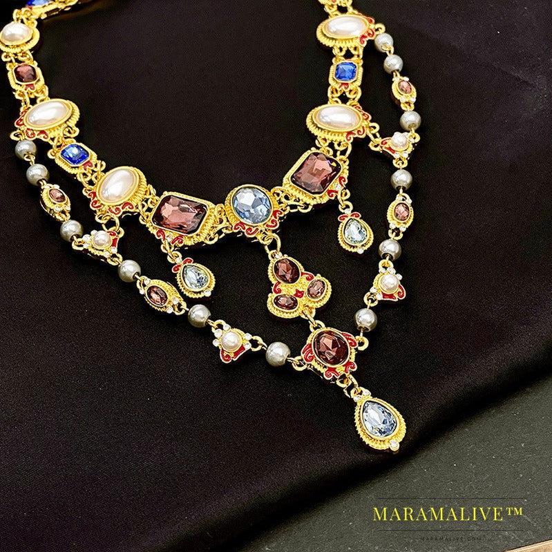 Mid-ancient Temperament Pearl Crystal Shining Diamond Tassel Clavicle Chain Color Gem Neckband Necklace