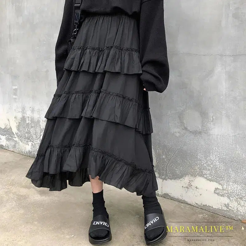 Midi Long Skirts Womens Maxi Skirt Goth Summer High Waisted Asymmetrical High Low Ruffle Skirts