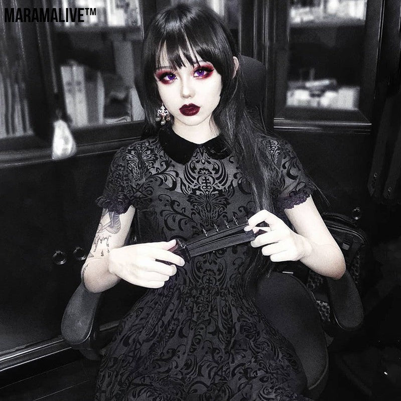 Midnight Allure: Dark Gothic Sexy Mesh Lolita Short Sleeve High Waist Dress