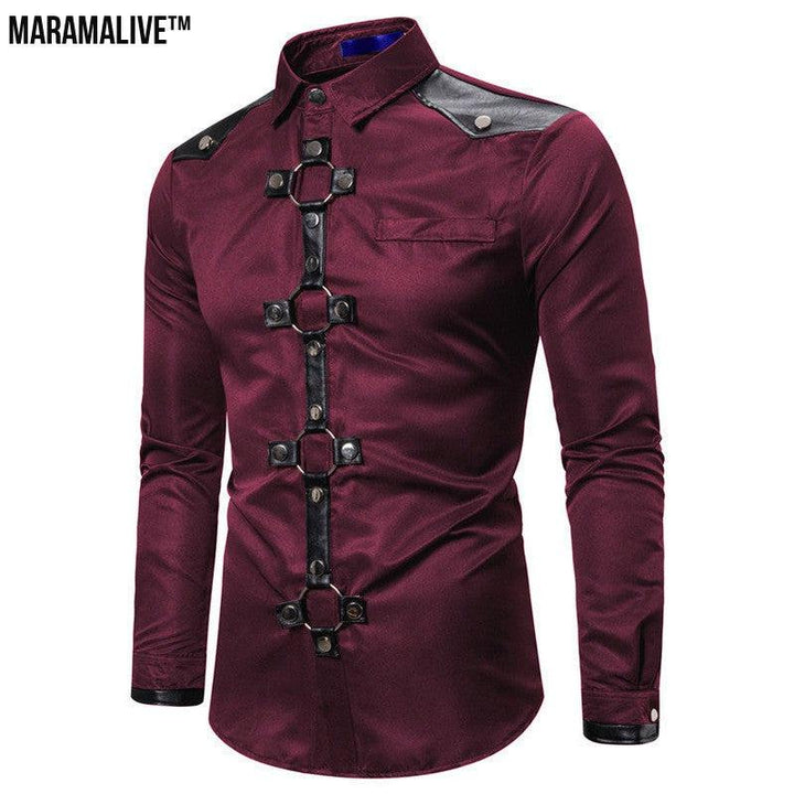 Midnight Majesty: Men's Gothic Style Rivet Casual Long Sleeve Shirt Men's Costume