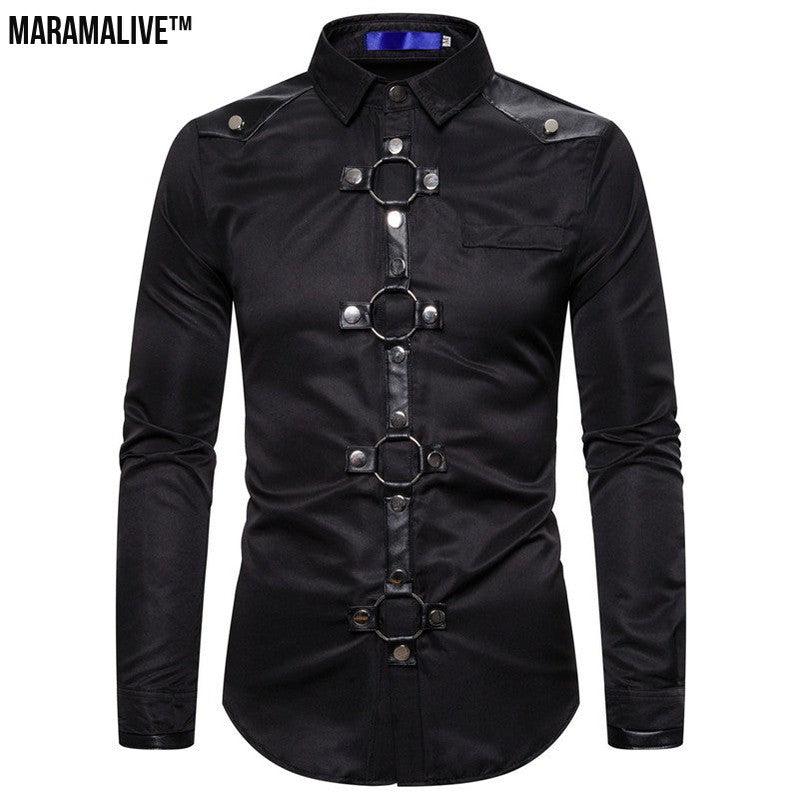 Midnight Majesty: Men's Gothic Style Rivet Casual Long Sleeve Shirt Men's Costume