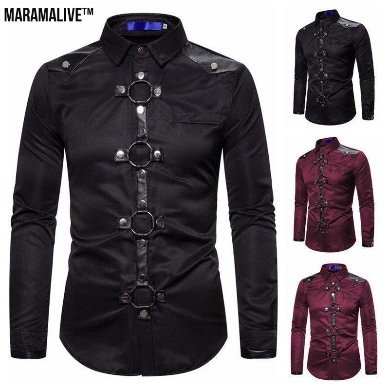 Midnight Majesty: Men's Gothic Style Rivet Casual Long Sleeve Shirt Men's Costume