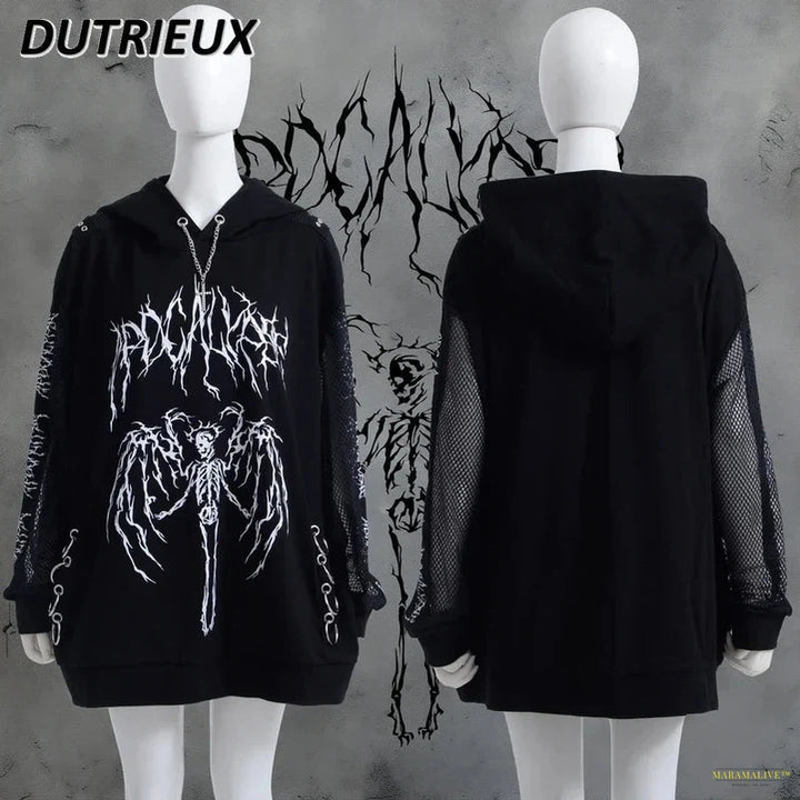 Mine Dark Goth Punk Style Street Long Sleeve Black Hoodie Sweatshirt Loose Mid-Length Pullover Coat for Women