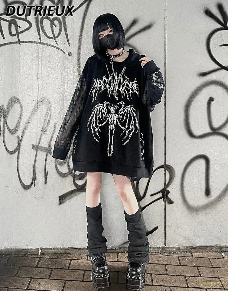 Mine Dark Goth Punk Style Street Long Sleeve Black Hoodie Sweatshirt Loose Mid-Length Pullover Coat for Women