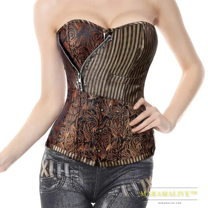 Miss Moly Steampunk Corset Gothic Bustiers Boned Zipper Brown Top Woman Tummy Slimming Sheath Modeling Shapewear Body Shaper