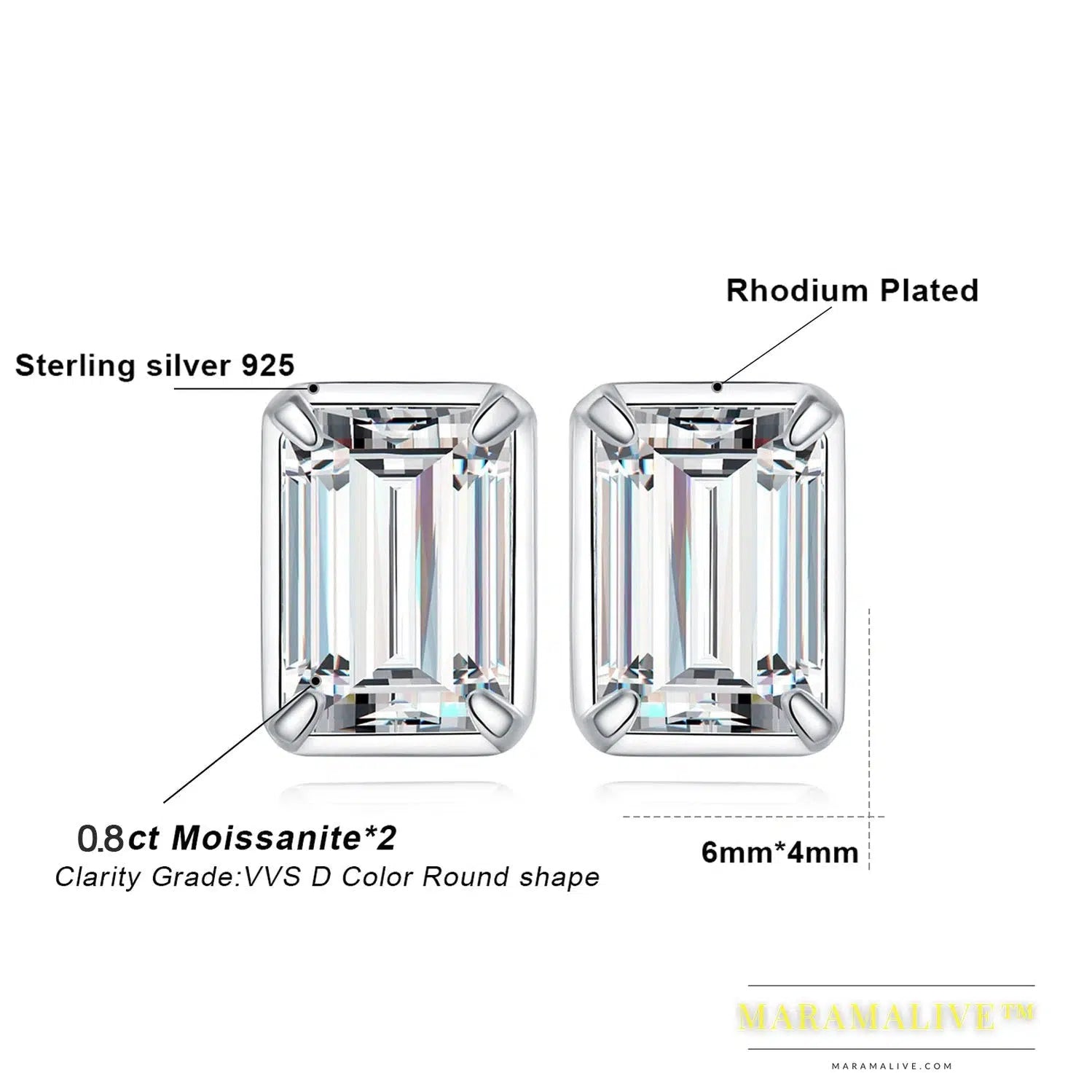 Moissanite 1.6ct/pair Emerald Cut 925 Sterling Silver Stud Earrings for Woman Yellow Rose Gold Plated