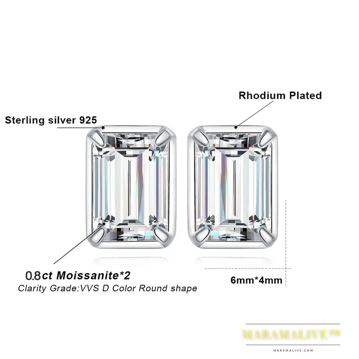 Moissanite 1.6ct/pair Emerald Cut 925 Sterling Silver Stud Earrings for Woman Yellow Rose Gold Plated