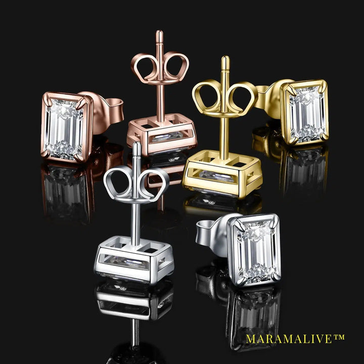 Moissanite 1.6ct/pair Emerald Cut 925 Sterling Silver Stud Earrings for Woman Yellow Rose Gold Plated