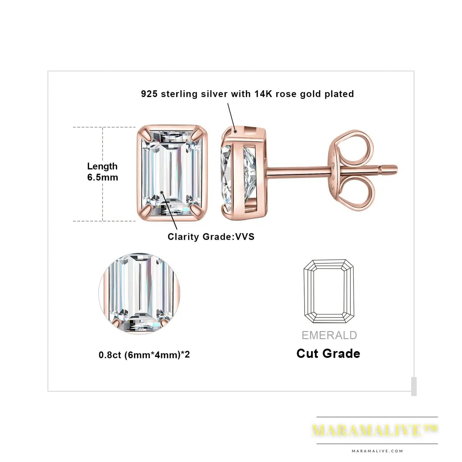 Moissanite 1.6ct/pair Emerald Cut 925 Sterling Silver Stud Earrings for Woman Yellow Rose Gold Plated