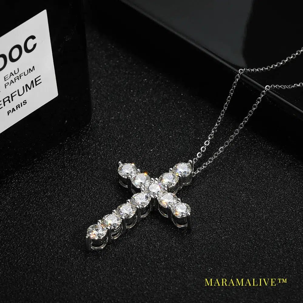 Moissanite Cross Pendant Necklace Original 925 Sterling Sliver Chain Plated 18k White Gold Fine Necklace for Women