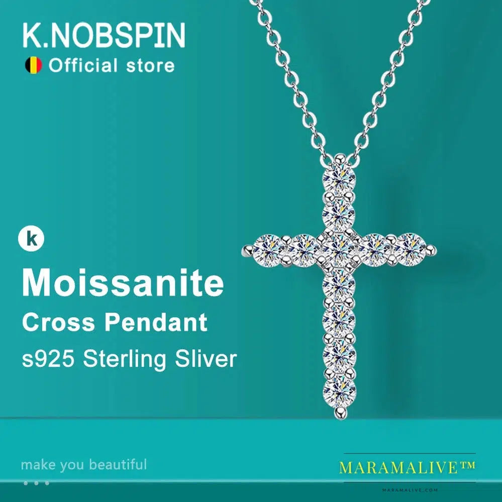 Moissanite Cross Pendant Necklace Original 925 Sterling Sliver Chain Plated 18k White Gold Fine Necklace for Women