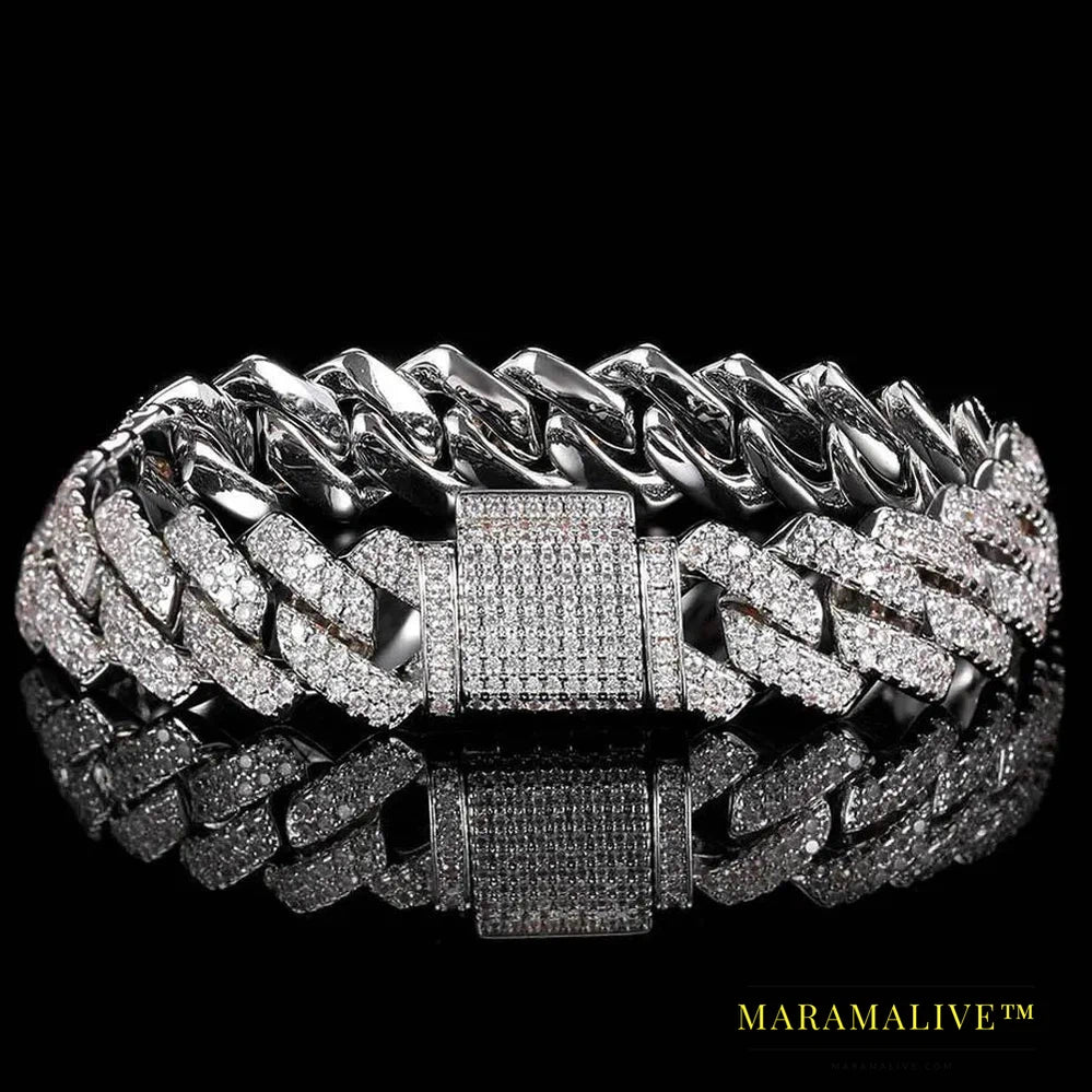 Moissanite Cuban Bracelet 925 Sterling Sliver Plated with 18k White Gold Diamond Cuban Link Chain for Women Man