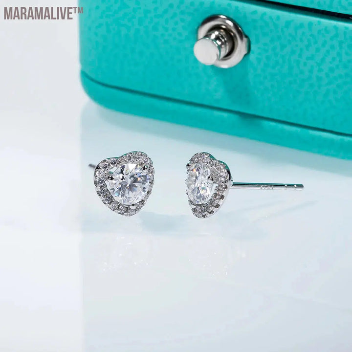 Moissanite Heart Stud Earrings in Sterling Silver Gift for Her