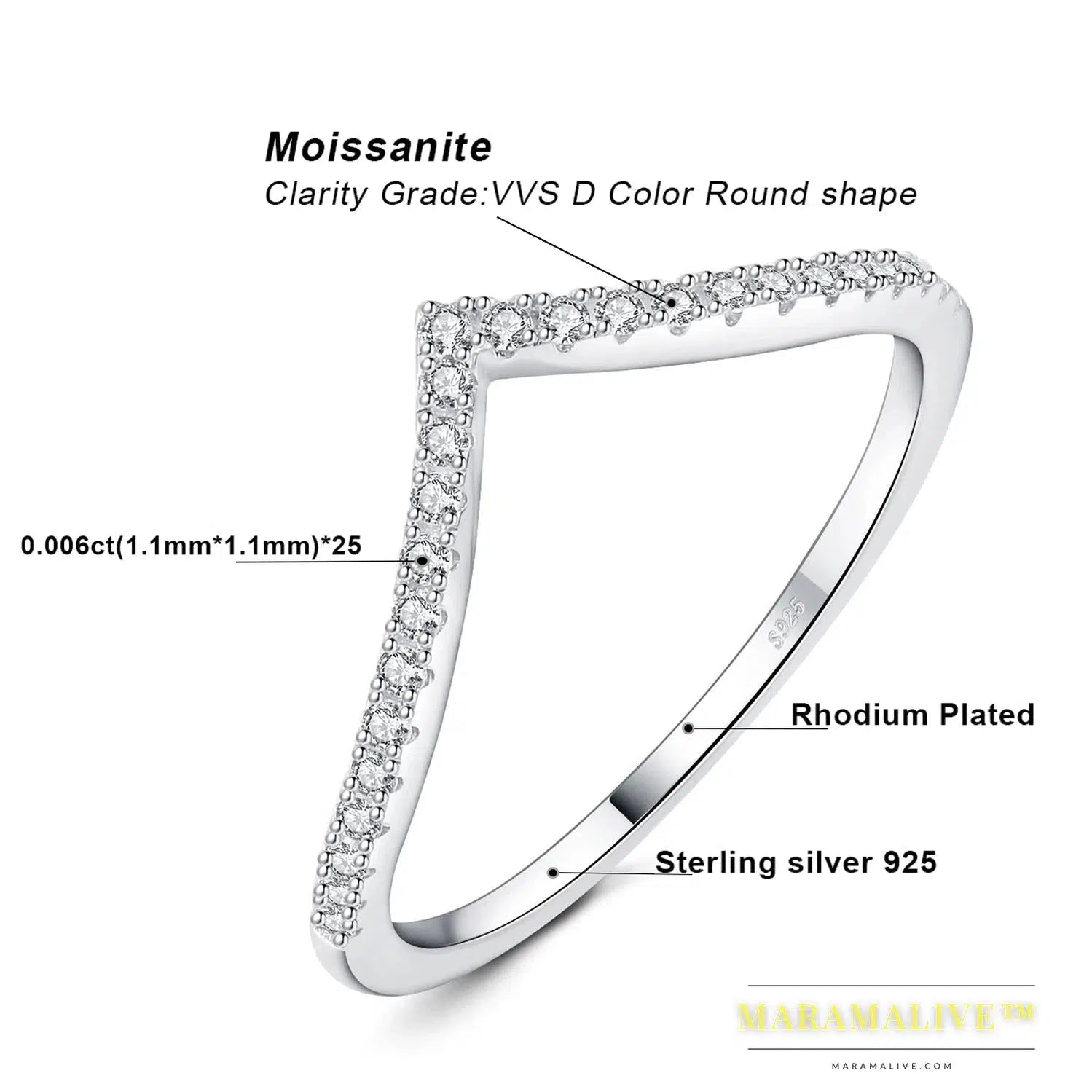 Moissanite Round Cut 925 Sterling Silver V Shape Stackable Wedding Ring for Woman Yellow Rose Gold Plated