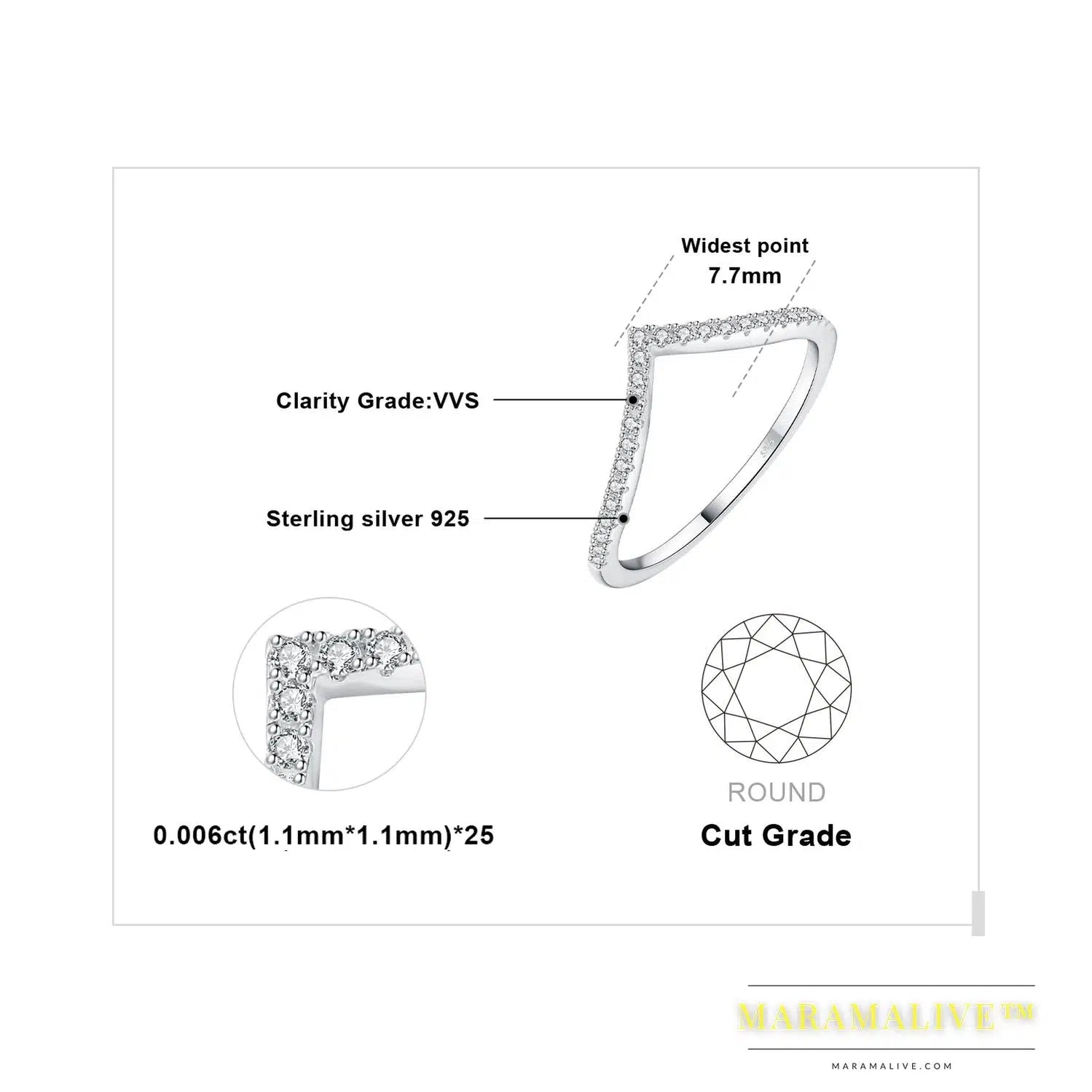 Moissanite Round Cut 925 Sterling Silver V Shape Stackable Wedding Ring for Woman Yellow Rose Gold Plated